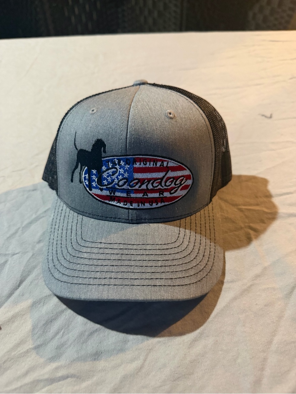 Boondog Gray and Black Trucker Cap with American Flag Patch